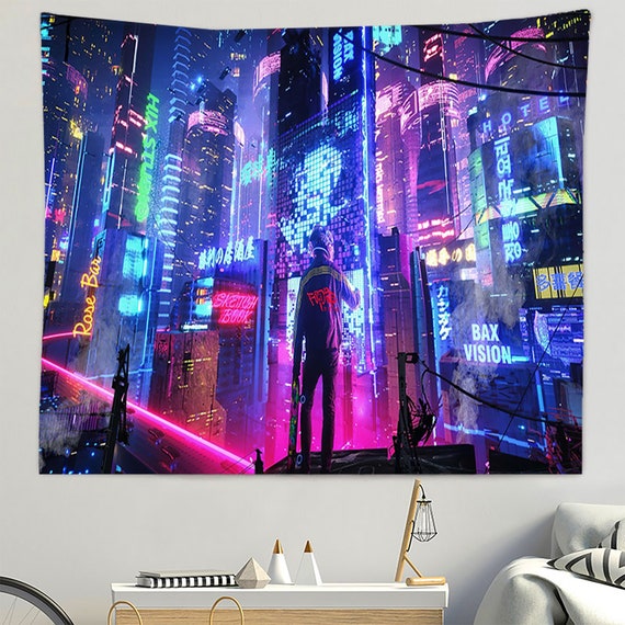 City Nightscape Tapestry Wall Hanging cyberpunk Night City