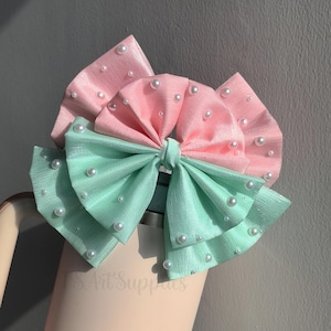 Glossy Pink Green Pearl Bow for Straw Tumbler Topper,Handmade Bling Gauze Straw Tumbler Bow,Coquette Bow StrawAccessories,Blooming Heirloom