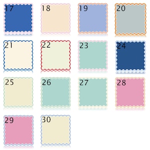 May include: A collection of 14 square color swatches, each with a scalloped border and a number from 17 to 30. The colors include shades of blue, pink, green, beige, and gray. The swatches are arranged in a grid.