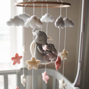 Bunny Nursery Felt Mobile, Rabbit Nursery Mobile For Girl, Crib Baby Room Decoration, Animal Mobile, Star Nursery Mobile, Flying Bunny Baby