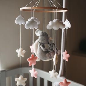 Felt Bunny & Star Baby Mobile | Rabbit Nursery Decor | Crib Mobile for Girl | Flying Bunny Baby Room Decor