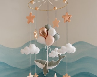 Felt Whale Nursery Mobile • Ocean Baby Mobile • Handmade Sea Animals Mobile for Crib • Coastal Nursery Decor • Baby Shower Gift