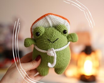 Abenteuerfrosch mit Pilzhut – einzigartiges Amigurumi, Weihnachtsgeschenk, Freundschaftsgeschenk für Mädchen, Muttertagsgeschenk, personalisiertes Geschwisterspielzeug