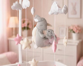 Felt Bunny Baby Mobile: Whimsical Baby Girl Nursery Decor with Clouds