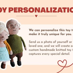 May include: The image features two handmade knitted dolls, an elderly couple, with the text "TOY PERSONALIZATION". The text explains that the toys can be personalized from a photo. The dolls are wearing clothes in shades of blue, green, and yellow.