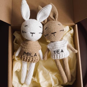 Boho konijntjes voor peuters, pluche konijn, konijn met naam, gehaakt pluche konijn, geborduurd konijn knuffel, gepersonaliseerd konijn