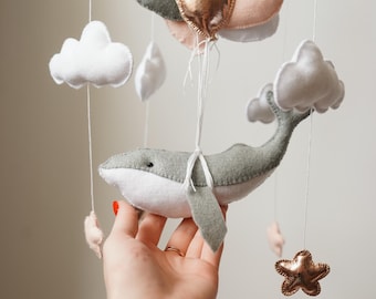 Felt Whale Nursery Mobile • Ocean Baby Mobile • Handmade Sea Animals Mobile for Crib • Coastal Nursery Decor • Baby Shower Gift