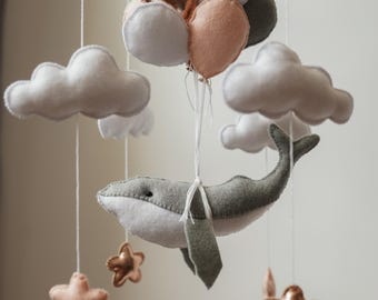 Felt Whale Nursery Mobile • Ocean Baby Mobile • Under the Sea Crib Mobile • Coastal Nursery Decor • Baby Shower Gift • Handmade Felt Mobile