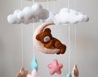 Teddy nursery felt mobile, teddy nursery decor, clouds moon mobile, baby nursery decor, stars nursery mobile, handmade teddy bear mobile