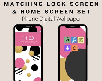 Geometric Dot Pink Smart Phone Wallpaper Background Set | Matching Lock Screen & Home Screen Designs for Mobile Phones | Digital Download