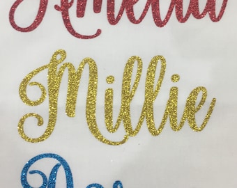 Personalised Name Text GLITTER Iron on Hot Fix T-shirt Transfer - Font ...