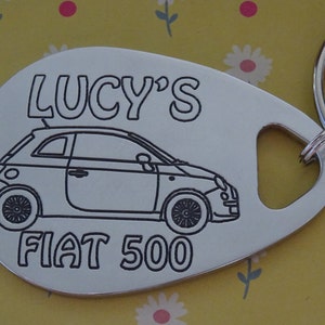 Personalised FIAT 500 car keyring ANY NAME engraved custom made to order unique personalised gift
