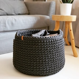 Organic woven rope storage basket, Large organizer for bedroom, bathroom or children's room, Dark gray cotton bin for blankets. Graphite