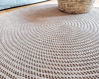 Crochet beige round carpet for living room, handwoven rug with a minimalist design, Made from recycled cotton,  Many sizes and colors.