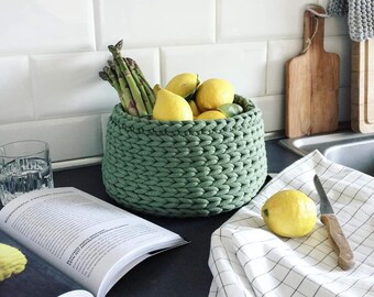 Super chunky crochet basket for storing fruits, bread or any other items, Washable kitchen accessories, Eco friendly cotton.