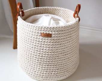 Recycled Cotton Rope Woven Basket, Living Room or Bedroom Storage Organizer, Perfect For Throw Blankets and More, Cream With a Gold Thread.