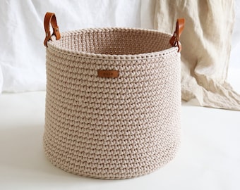 Large Floor Basket with Leather Handles, Idea for Storing Dolls, Teddy Bears or Pillows, Neutral Nursery Decor, Storage & Organization.
