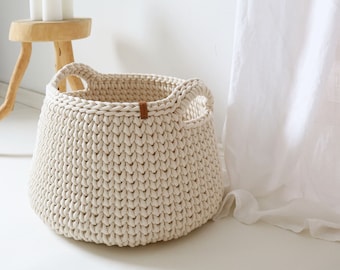 Large cream woven basket, Storage bin for room clothes, Modern laundry hamper with handles, Bathroom organization idea.