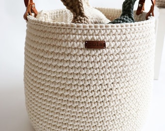 Large crochet basket with leather handles, Idea for storing dolls, teddy bears, Neutral nursery decor, Storage & organization.