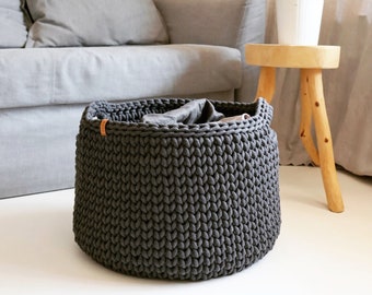 Organic woven rope storage basket, Large organizer for bedroom, bathroom or children's room, Dark gray cotton bin for blankets.