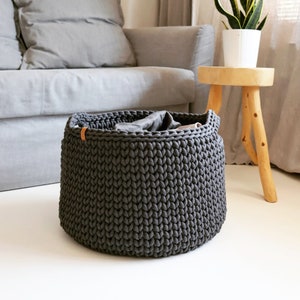 Organic woven rope storage basket, Large organizer for bedroom, bathroom or children's room, Dark gray cotton bin for blankets.