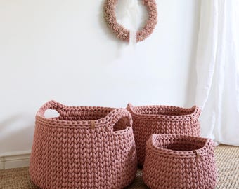 Decorative textured floor basket, Cozy crochet home decor, Modern bedroom essential, Chunky blush yarn.