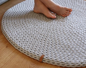 Épais tapis gris moderne, moquette confortable tissée à la main au design minimaliste, coton naturel lavable, tapis de sol rond.