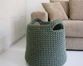 Groene opbergmand, handgefertigter korb salie, montessori speelgoedbak, boho kinderkamerdecoratie, opberger van katoenkoord.