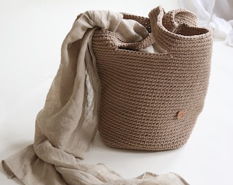 Grande borsa minimalista moderna con manici lunghi, shopper in cotone oversize per lei, grande cesto da spiaggia, borsa intrecciata a mano, idea regalo di compleanno.