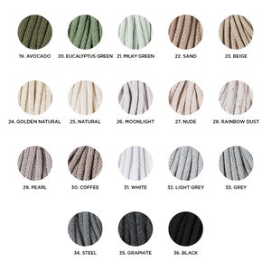 May include: A color chart featuring 18 samples of macrame cord in various colors. The colors include shades of green, beige, white, gray, and black. Each color is labeled with a number and a name, such as "Avocado" and "Graphite."