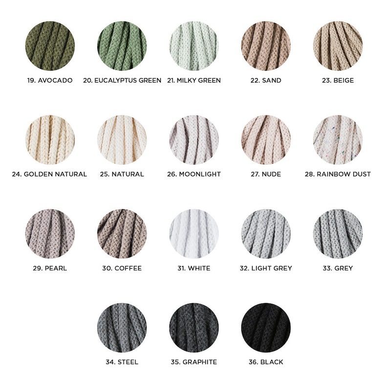 May include: A color chart featuring 18 samples of macrame cord in various colors. The colors include shades of green, beige, white, gray, and black. Each color is labeled with a number and a name, such as "Avocado" and "Graphite."