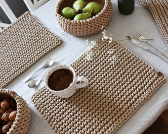 Knitted placemat for Easter table top decor, Modern rectangle table setting, Machine washable placemat, Gift for home buyer.