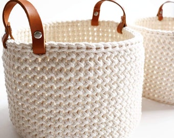 Handwoven Cotton Rope Basket with Leather Handles: Neutral Home Decor