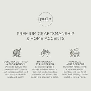 May include: Image features the "pule design" logo and text: "PREMIUM CRAFTSMANSHIP & HOME ACCENTS." Additional text describes OEKO-TEX certified & eco-friendly rugs and baskets, handwoven items, and practical home comfort cotton accents.