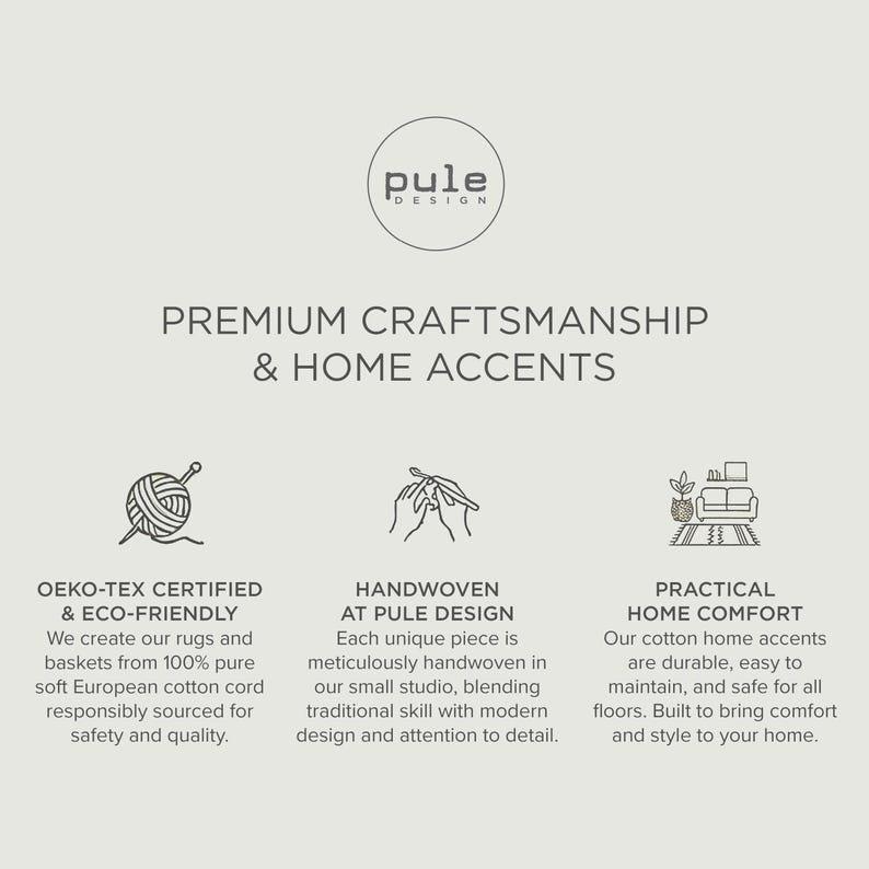 May include: Image features the "pule design" logo and text: "PREMIUM CRAFTSMANSHIP & HOME ACCENTS." Additional text describes OEKO-TEX certified & eco-friendly rugs and baskets, handwoven items, and practical home comfort cotton accents.
