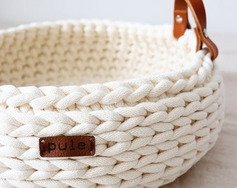 Large Crochet Basket with Leather Handles: Boho Woven Bowl