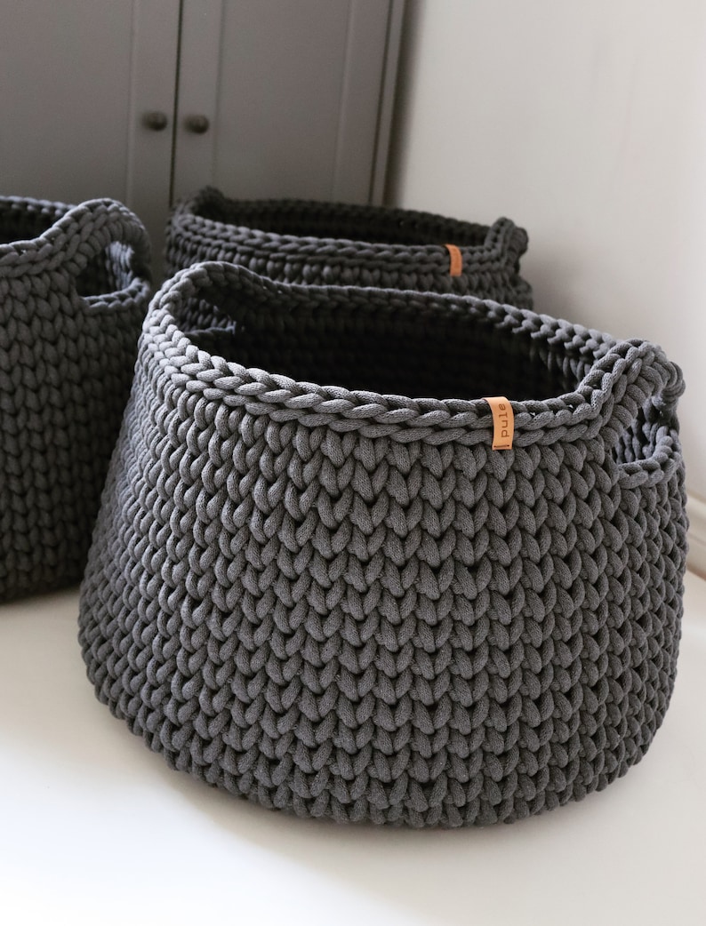 Organic woven rope storage basket, Large organizer for bedroom, bathroom or children's room, Dark gray cotton bin for blankets. zdjęcie 6