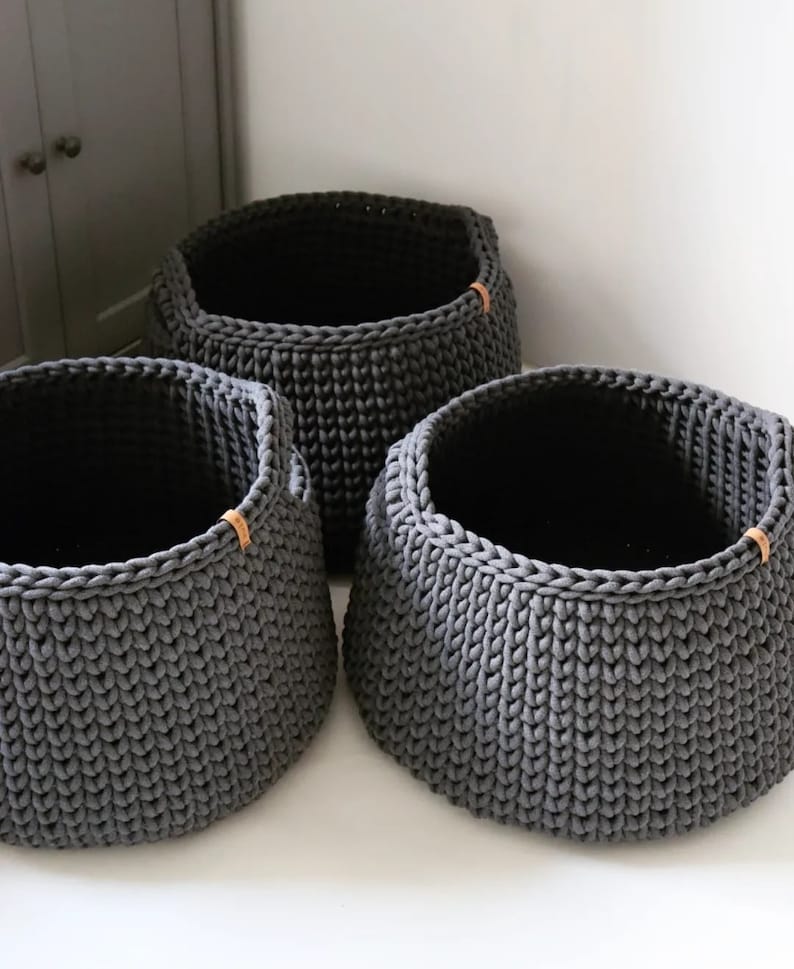 Organic woven rope storage basket, Large organizer for bedroom, bathroom or children's room, Dark gray cotton bin for blankets. zdjęcie 5