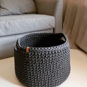 Organic woven rope storage basket, Large organizer for bedroom, bathroom or children's room, Dark gray cotton bin for blankets. zdjęcie 4