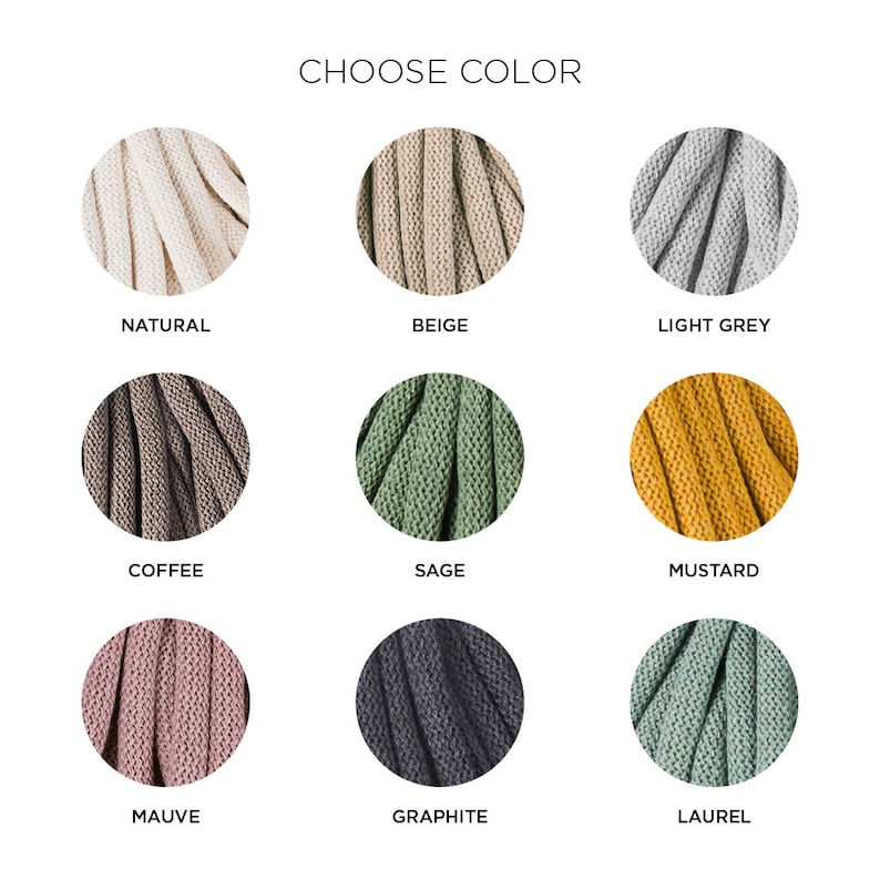 May include: A color chart featuring nine different shades of rope. The colors include natural, beige, light grey, coffee, sage, mustard, mauve, graphite, and laurel. The text "CHOOSE COLOR" is at the top.