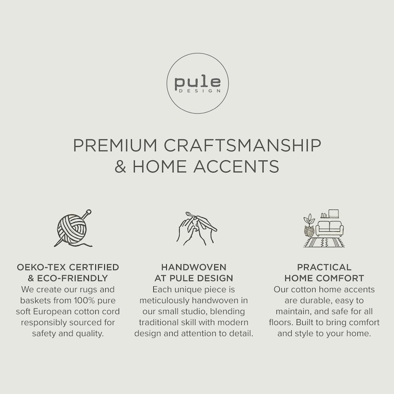 Op de afbeelding: De afbeelding toont het "pule design" logo en de tekst: "PREMIUM CRAFTSMANSHIP & HOME ACCENTS." Het bevat ook beschrijvingen van OEKO-TEX gecertificeerde en milieuvriendelijke tapijten en manden, handgeweven items en praktische woonaccessoires.