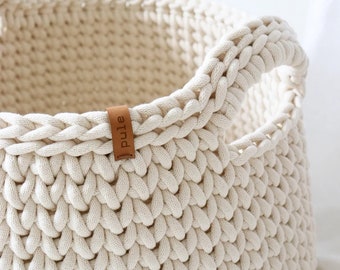Large cream woven basket, Storage bin for room clothes, Modern laundry hamper with handles, Bathroom organization idea.