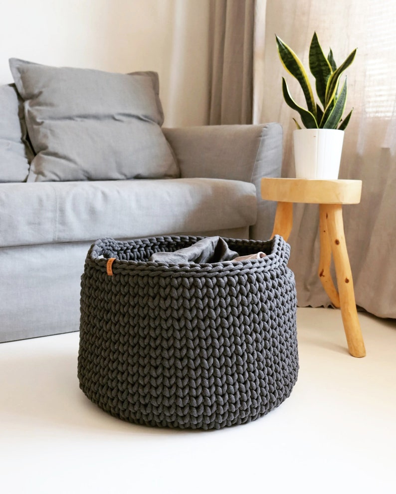Organic woven rope storage basket, Large organizer for bedroom, bathroom or children's room, Dark gray cotton bin for blankets. zdjęcie 1
