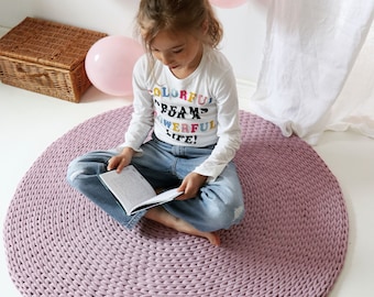 Chunky Knit Round Rug: Dusty Pink Organic Cotton Play Mat
