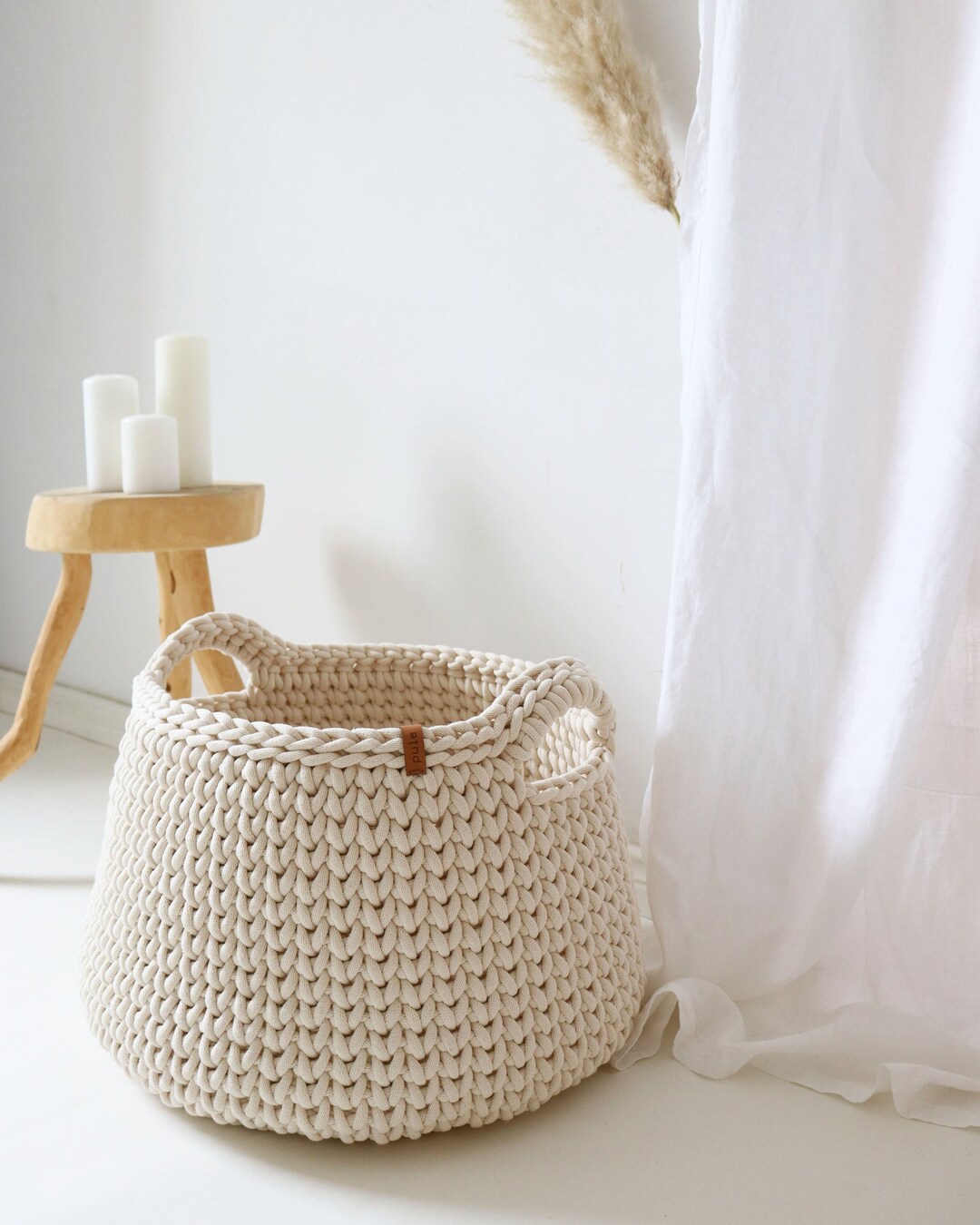 Large Cream Woven Basket, Storage Bin for Room Clothes, Modern Laundry Hamper With Handles ...