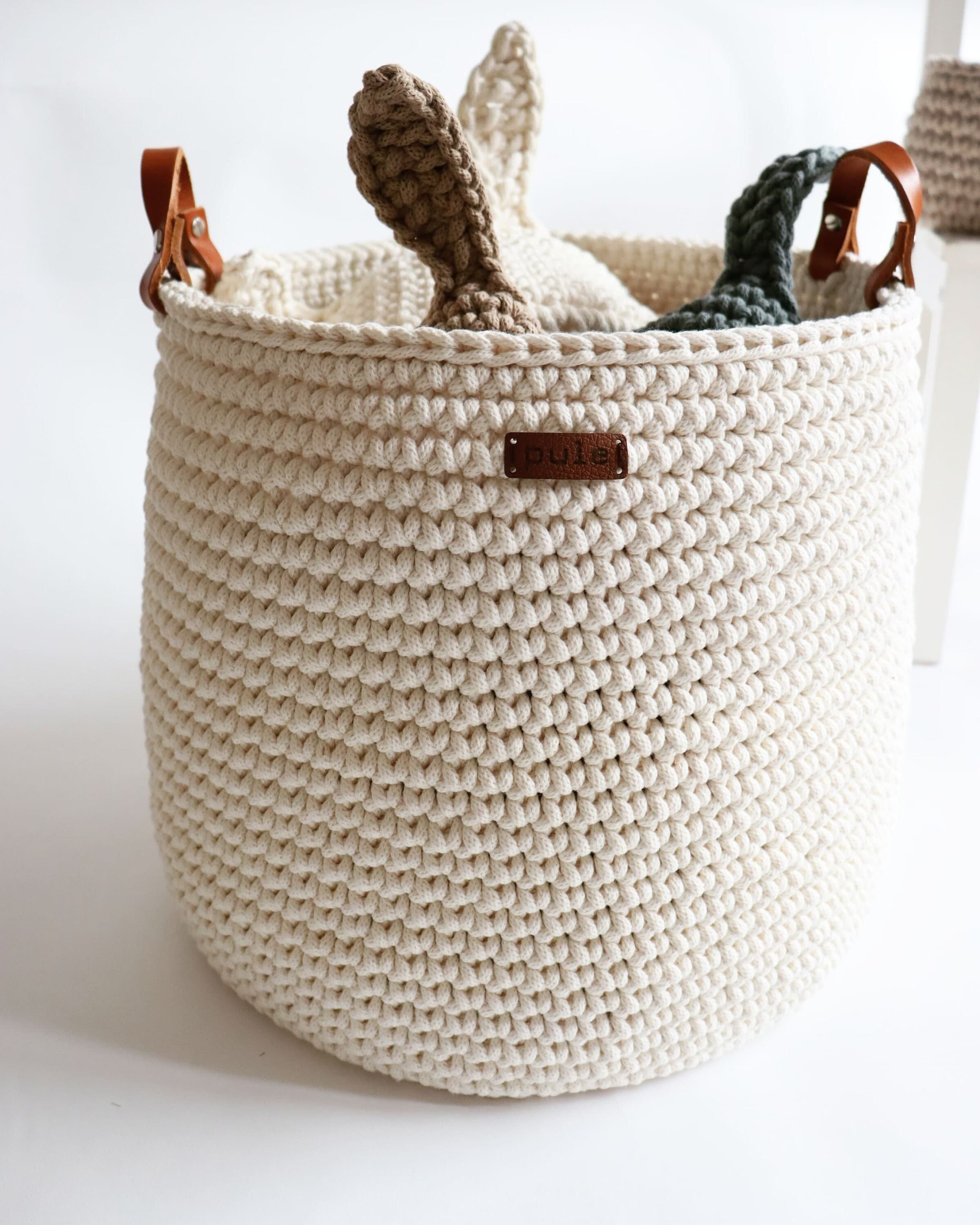Large Crochet Basket With Leather Handles, Idea for Storing Dolls