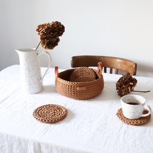 Set of basket & coasters for coffee table decor, Fruits or cookies centerpiece bowl, Crochet kitchen storage, Valentine's day gift idea.