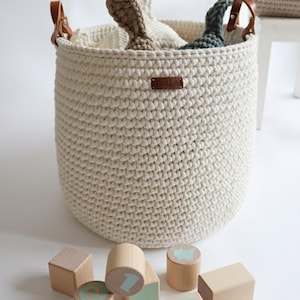 Large crochet basket with leather handles, Idea for storing dolls, teddy bears, Neutral nursery decor, Storage & organization.