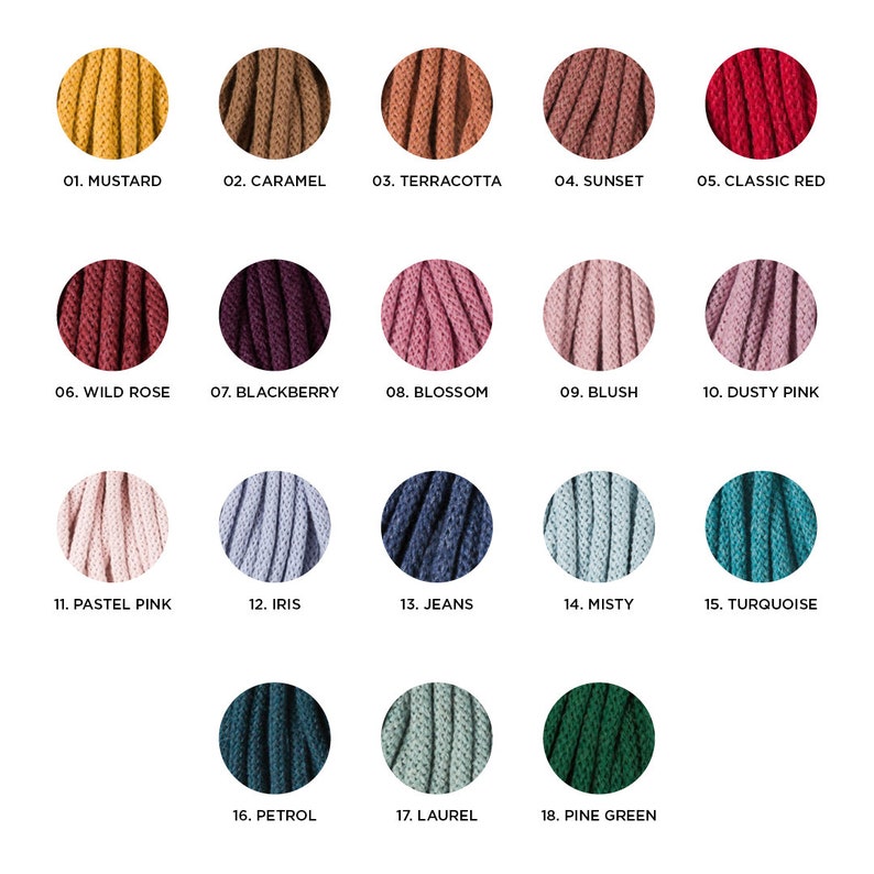 May include: A color chart featuring 18 different shades of macrame cord. Colors include mustard, caramel, terracotta, sunset, classic red, wild rose, blackberry, blossom, blush, dusty pink, pastel pink, iris, jeans, misty, turquoise, petrol, laurel, and pine green.