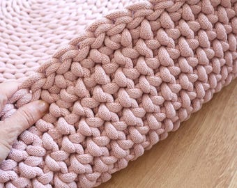 Round Blush Pink Braided Floor Mat, Handmade Boho Nursery Decor, Playroom Accent for Kids Room.